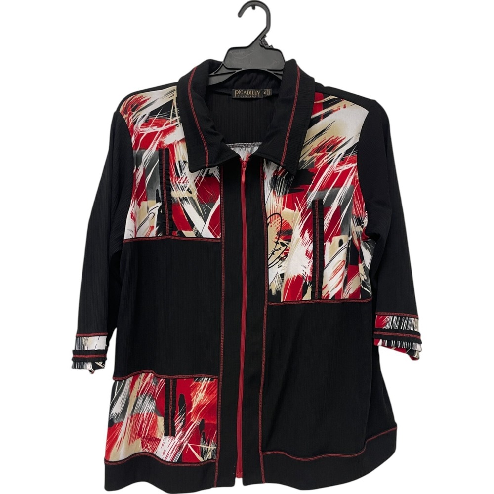 Picadilly Womens Black Red Abstract Patchwork 3/4 Sleeve Zip Up Jacket Size 1X